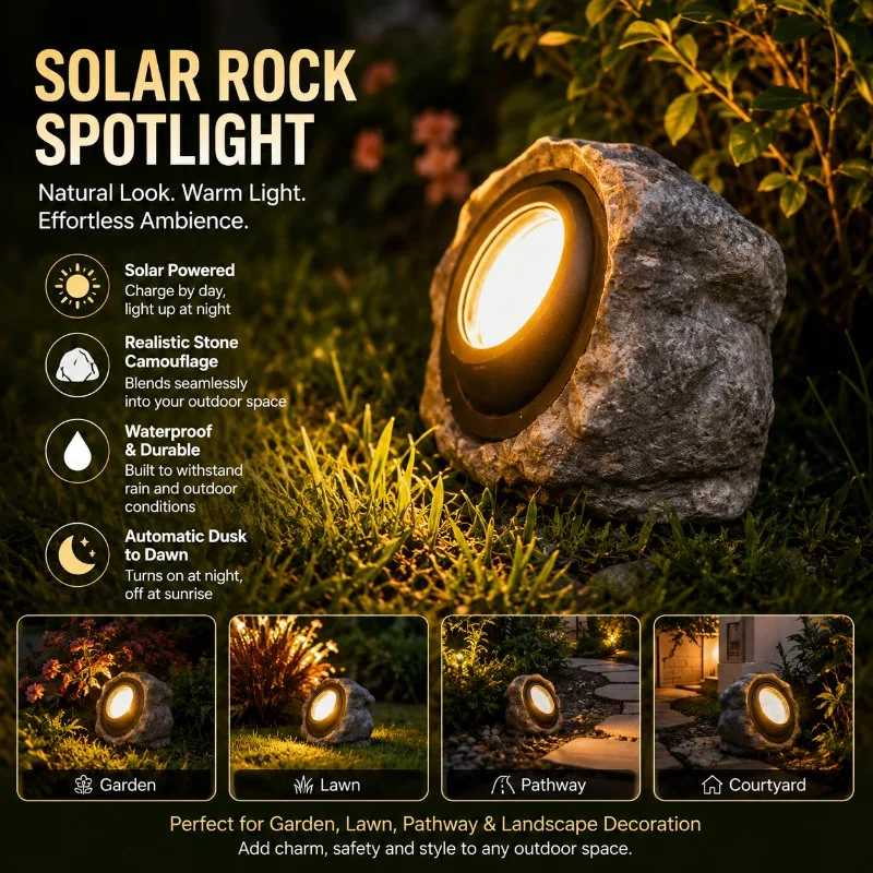 Solar Resin Garden Landscape Light Creative Courtyard LED Lamp with Simulated Rockery Stone Design Waterproof Outdoor Spotlight