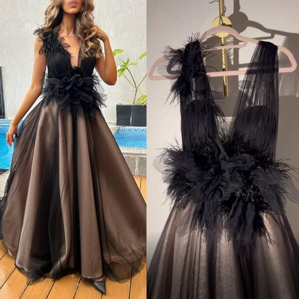 Sukienka na studniówkę dekolt w szpic 3D kwiatowe pióra czarne paski A Line formalne Sexy mistyczne okazje wieczór فساتين سهرة Vestido De Gala