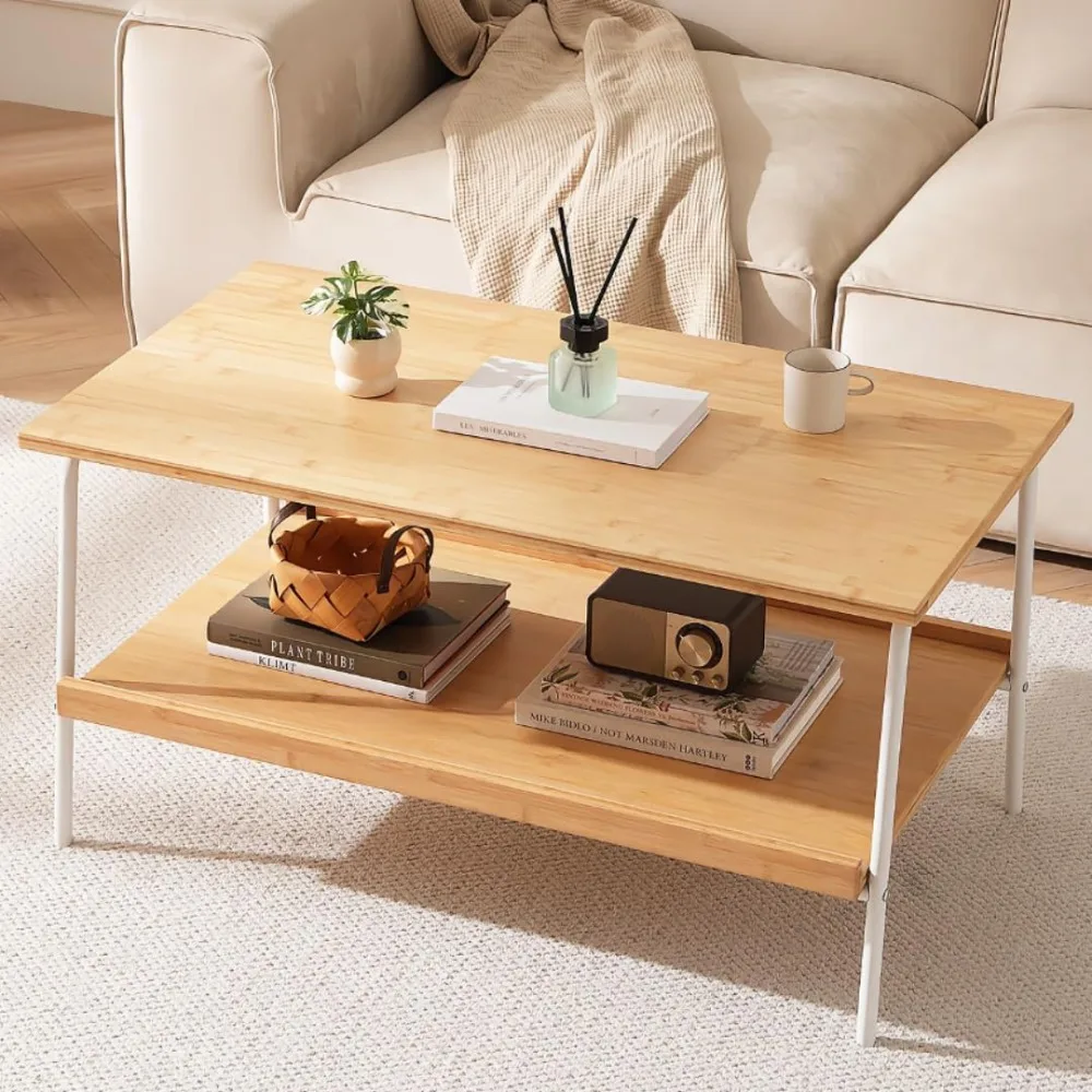 

2 Layer Coffee Table - Tier Storage Mid Century Modern Farmhouse Center Table for Living Room, Bedroom, Office, Patio (Nat