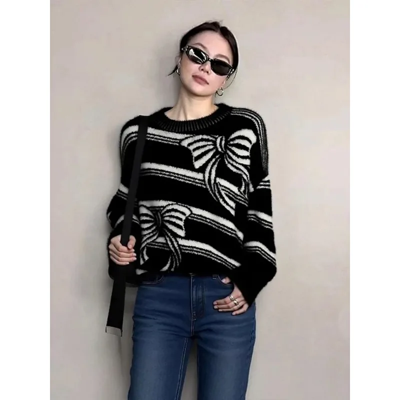 

Новинка 2023 года, осенне-зимний жаккардовый свитер в полоску с бантом, женский осенне-зимний удобный свитер с круглым вырезом