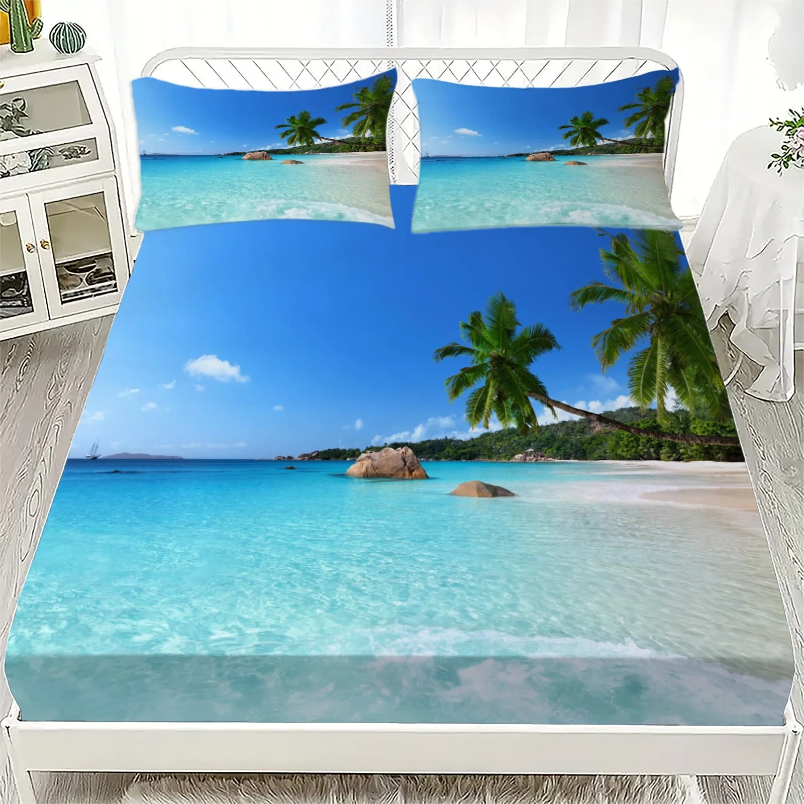 1pc Tropical Beach with Palm Trees Print Fitted Sheet Deep Pocket Elastic Mattress Cover Single Double Queen King Bedroom Decor