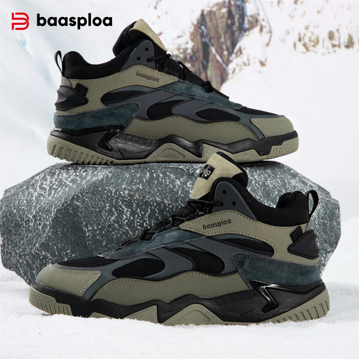 Baasploa New Men Sneakers Winter Casual Outdoor Waterproof Leather Lace up Shoes Male Fashion Plush Warm Non-Slip Sports Shoes