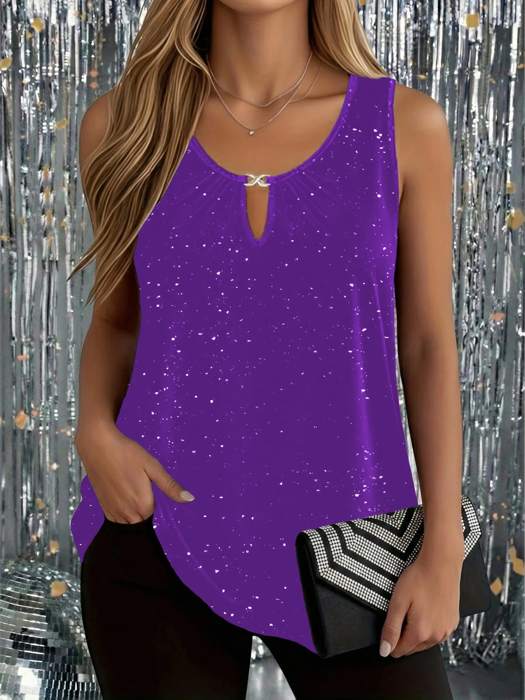 Ärmelloses Party-Top für Damen in Übergröße mit Glitzer-Design und Schlüsselloch-Detail, elegante Bluse – Detail 4
