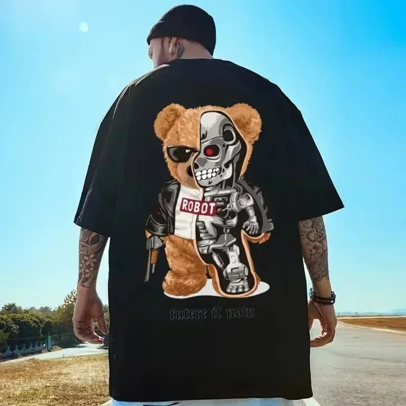 American Vintage Diamond Skeletal Bear Print Tee M-8XL Men Oversized Fashion T-shirt Loose Versatile Trend Couple Outfit