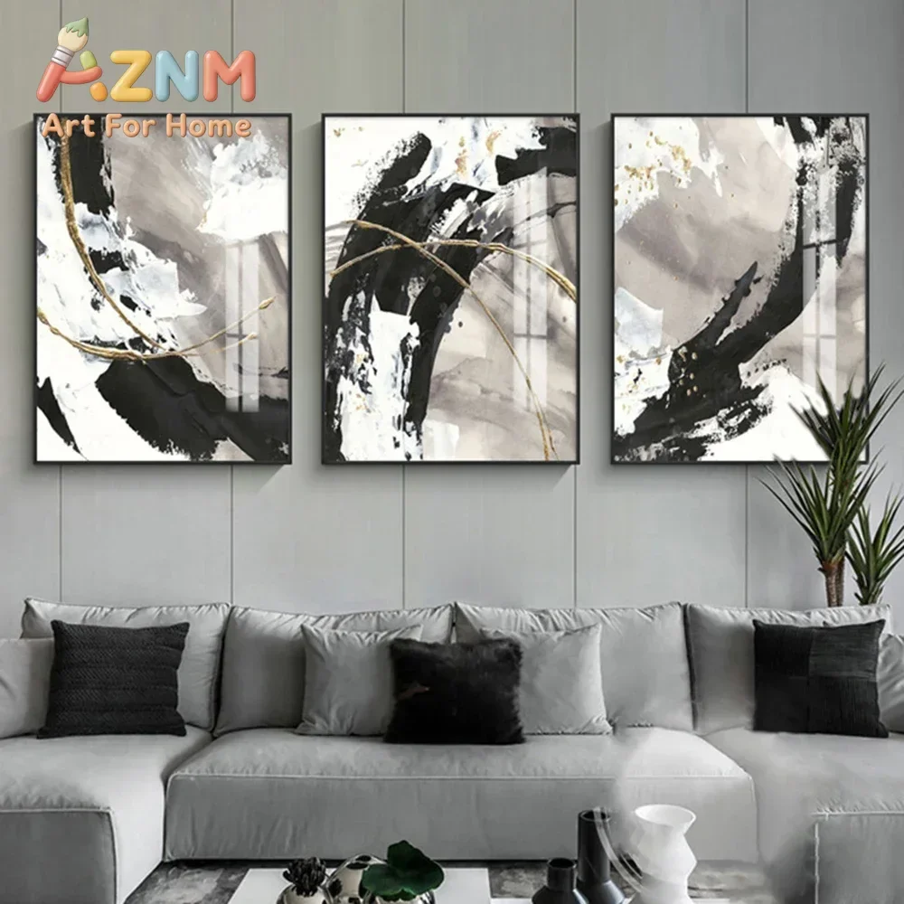 AZNM Black White Gold Splash Canvas Wall Art, Abstract Ink Brush Texture Print, Living Room Modern Wall Decor Poster