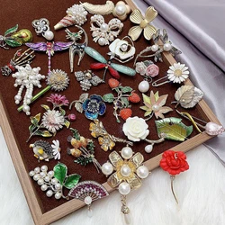 10Pcs Vintage Pearl Gemstone Inlay Copper Material Flower Women's Brooch Elegant Mixed Styles Multi Piece Set Brooch Jewelry