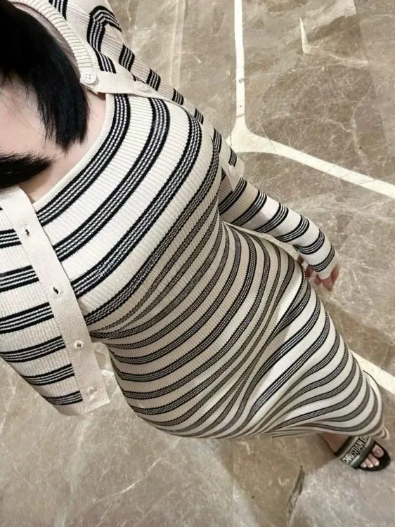 Color Block Striped round Neck Long Sleeve Open Cardigan Coat Knitted Dress with Waist Cinching High Waist Sexy Style for Women