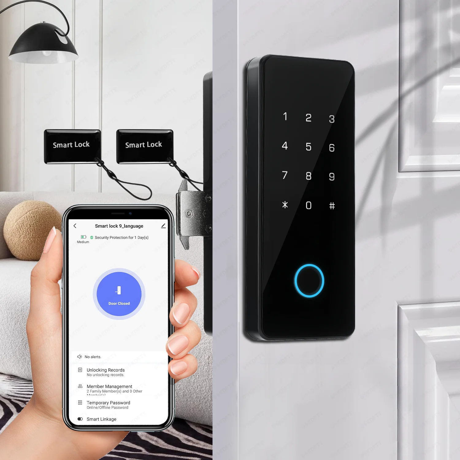 DSKDFTY Serratura intelligente per impronte digitali per porte scorrevoli in legno - Password serratura elettronica, scheda, chiave, serratura wifi Tuya