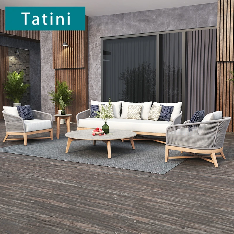 

Courtyard Garden Outdoor Teak Sofa Resorts All-weather Waterproof Wooden Furniture Patio Villa Balcony Rope Weaving Set