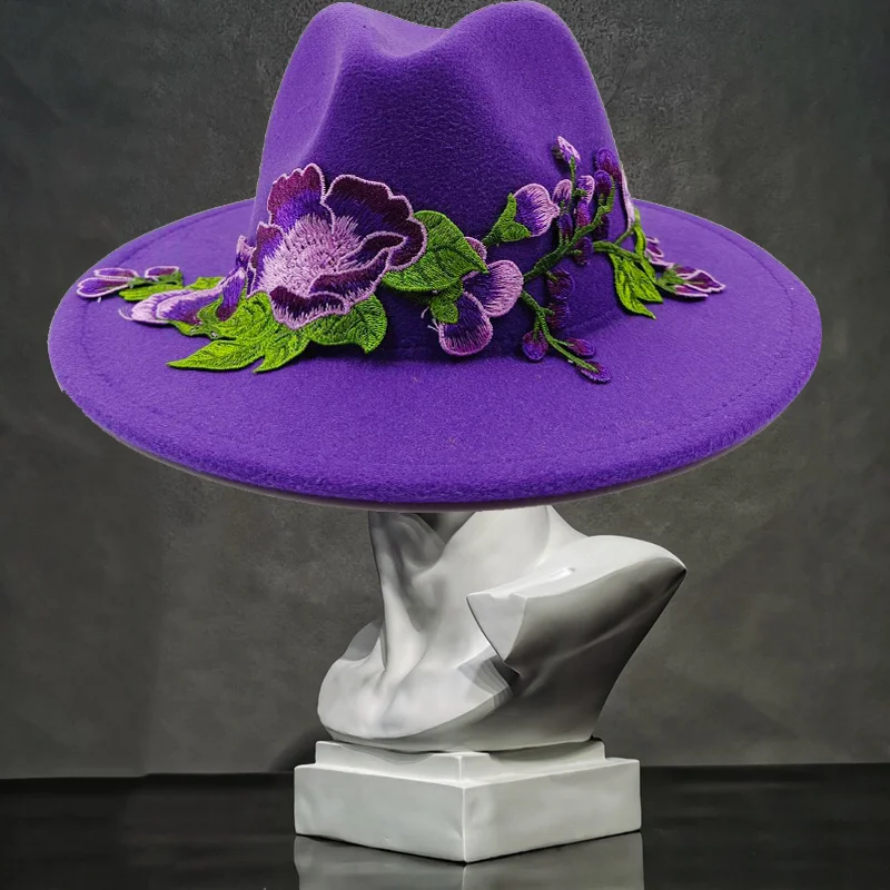 Purple Embroidered Flower Fedora Hat 3D Wedding Hat Men's and Women's Jazz Hat 2023 New Fedora Hat New Product Release Sombrero