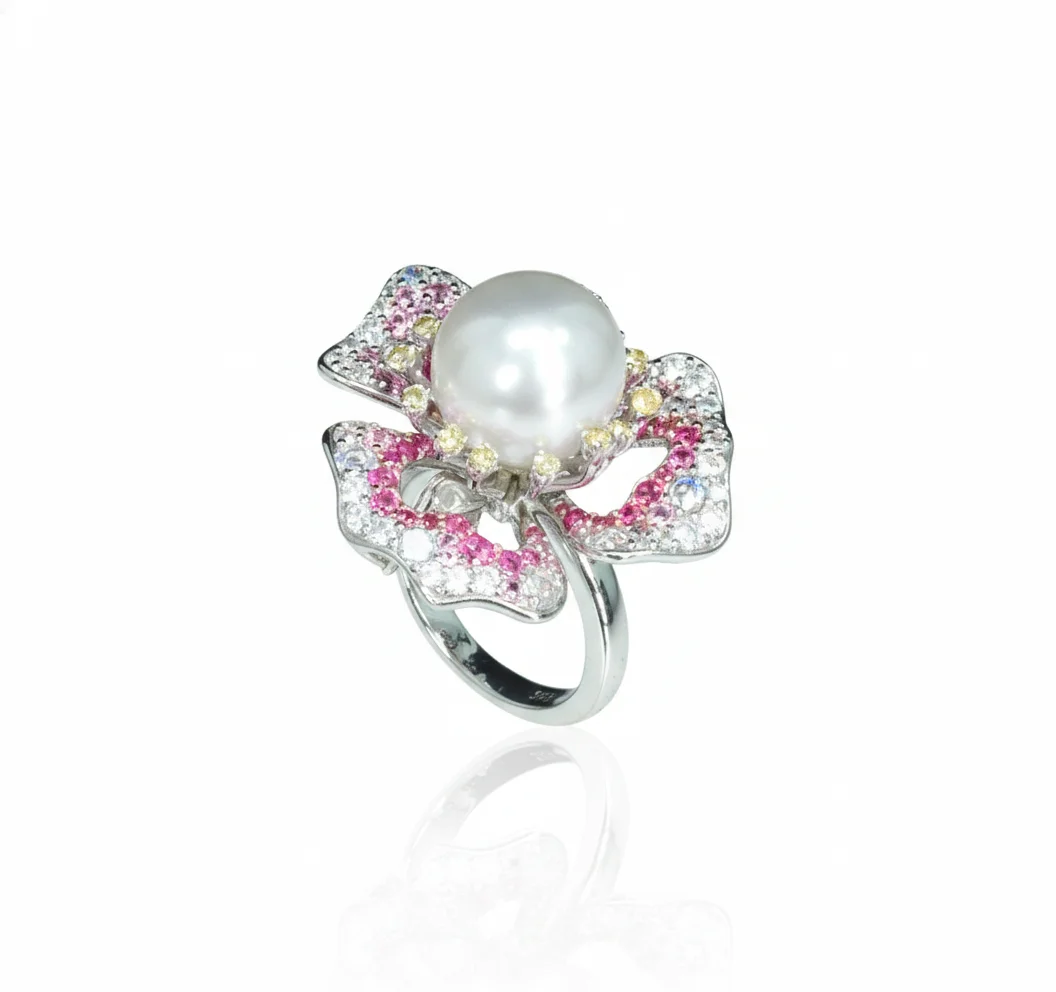 Romantic 925 Sterling Silver Flower Statement Ring 12mm Artificial Shell Pearl Fine Jewelry for Women's Anniversary Wedding Gift