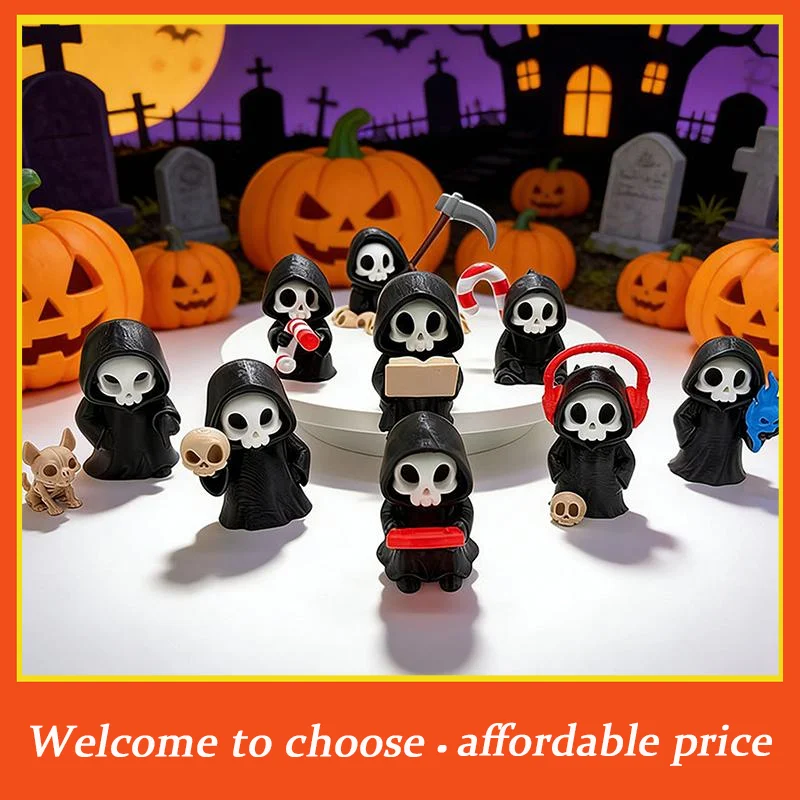 {}Gothic Grim Reaper Figurines, Cute Skeleton Desk Decor, Skeleton Statue, Spooky Small Halloween Ornament, Halloween Gift