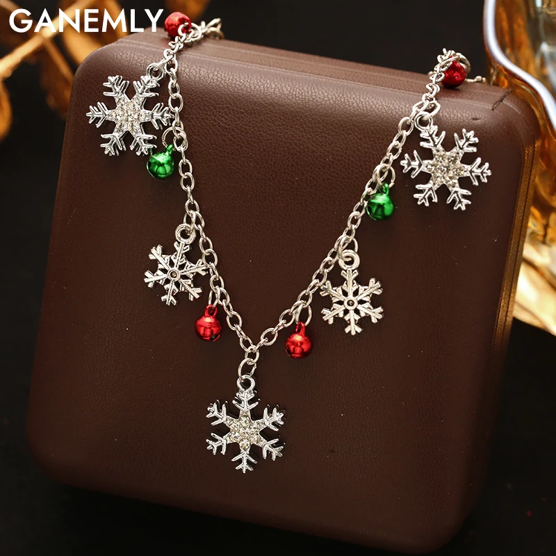 GANEMLY Cartoon Silber Farbe Schneeflocke Glocke Anhänger Halskette Mode Weihnachten Hals Kette Schmuck Zubehör Geschenke Für Frauen