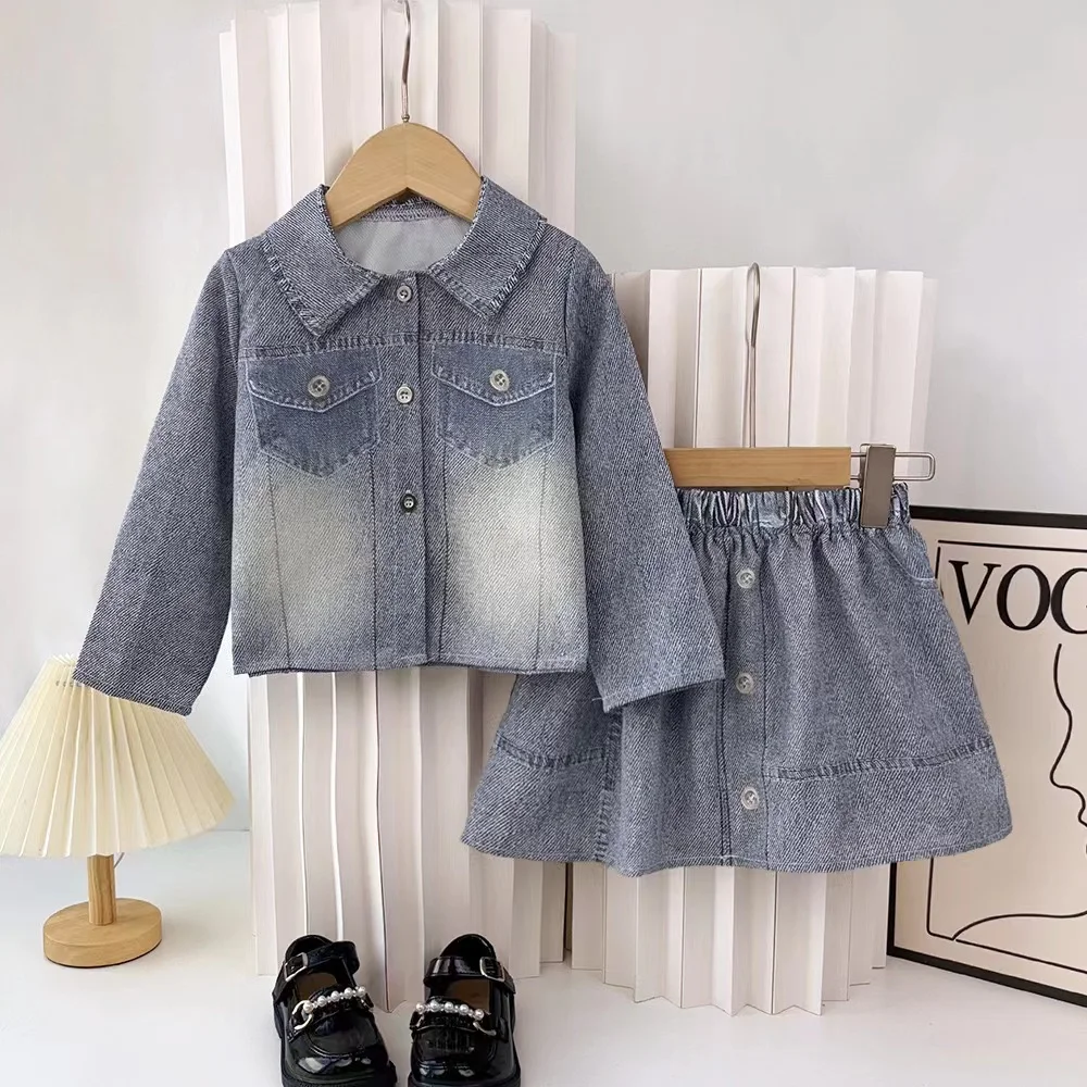 

Spring and Autumn Blue Retro Lapel Long Sleeve Girls Denim Coat Pleated Skirt Suit Fashion Two-piece 100-140cm