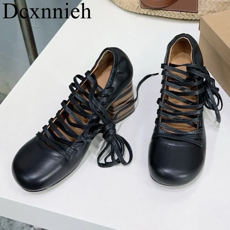 

Spring Autumn Genuine Leather Chunky High Heels Pumps Women's Shallow Mouth Cross Tied Single Shoes Office Commuting Shoes 2024