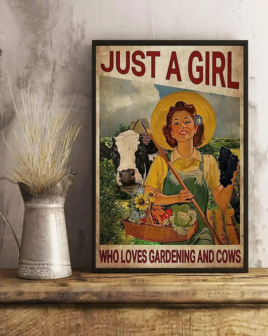 

Just A Girl Who Loves Gardening And Cows Retro Metal Tin Signs Vintage Aluminum Sign For Home Coffee Bar Wall Decor 8x12