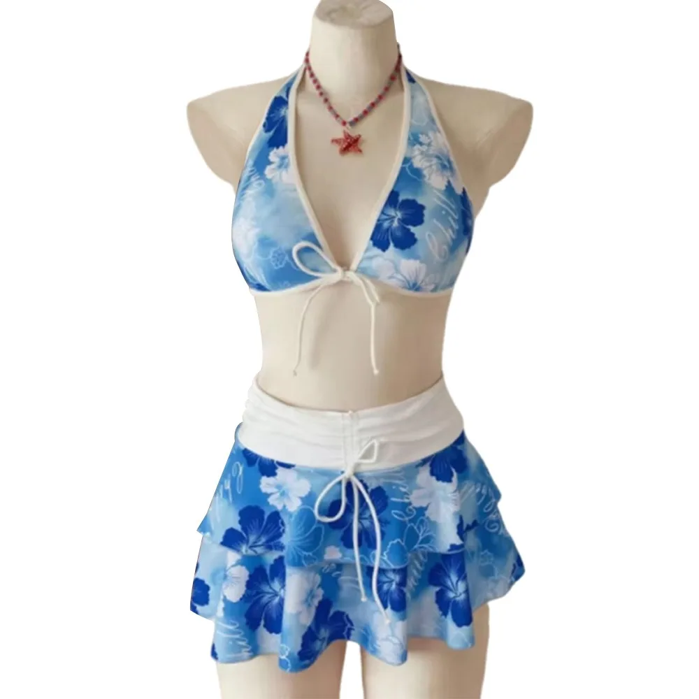 3Pcs/Set Fashion Summer Floral Swimsuit Triangle Halter High-Waist Beach Bikini Bathing Suit Casual Swimwear Beach