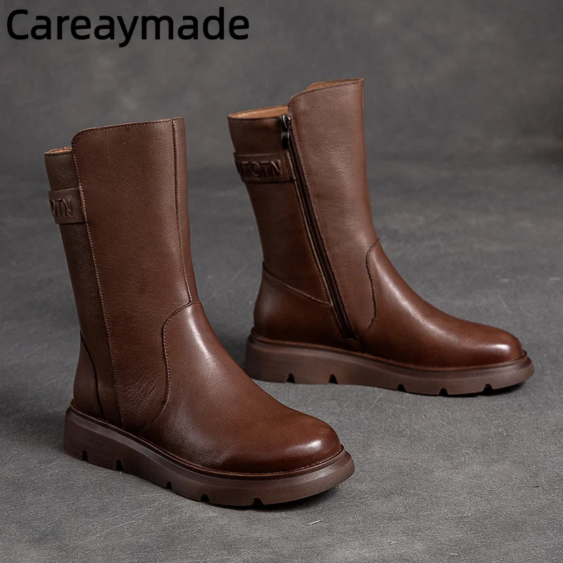 Careaymade-Spring Genuine leather Round Head Solid Color Mid Cap Short Boots Winter warm Side Zipper Women\'s Chelsea Flat Boots