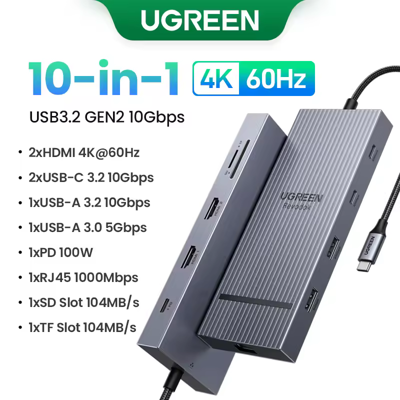 UGREEN 12-in-1 USB HUB Type-C to 2HDMI 4K120Hz DP USB3.2 10Gbps SD/TF RJ45 PD100W for MacBook Dell HP Laptop Accessories Docking - Image 13