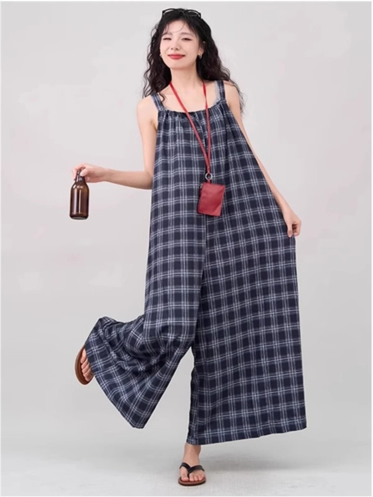 Stylish Retro One-Piece Pants Women's Spring Summer New White Square Collar Plaid Strap Wide Leg Pants High Waist Long Pants