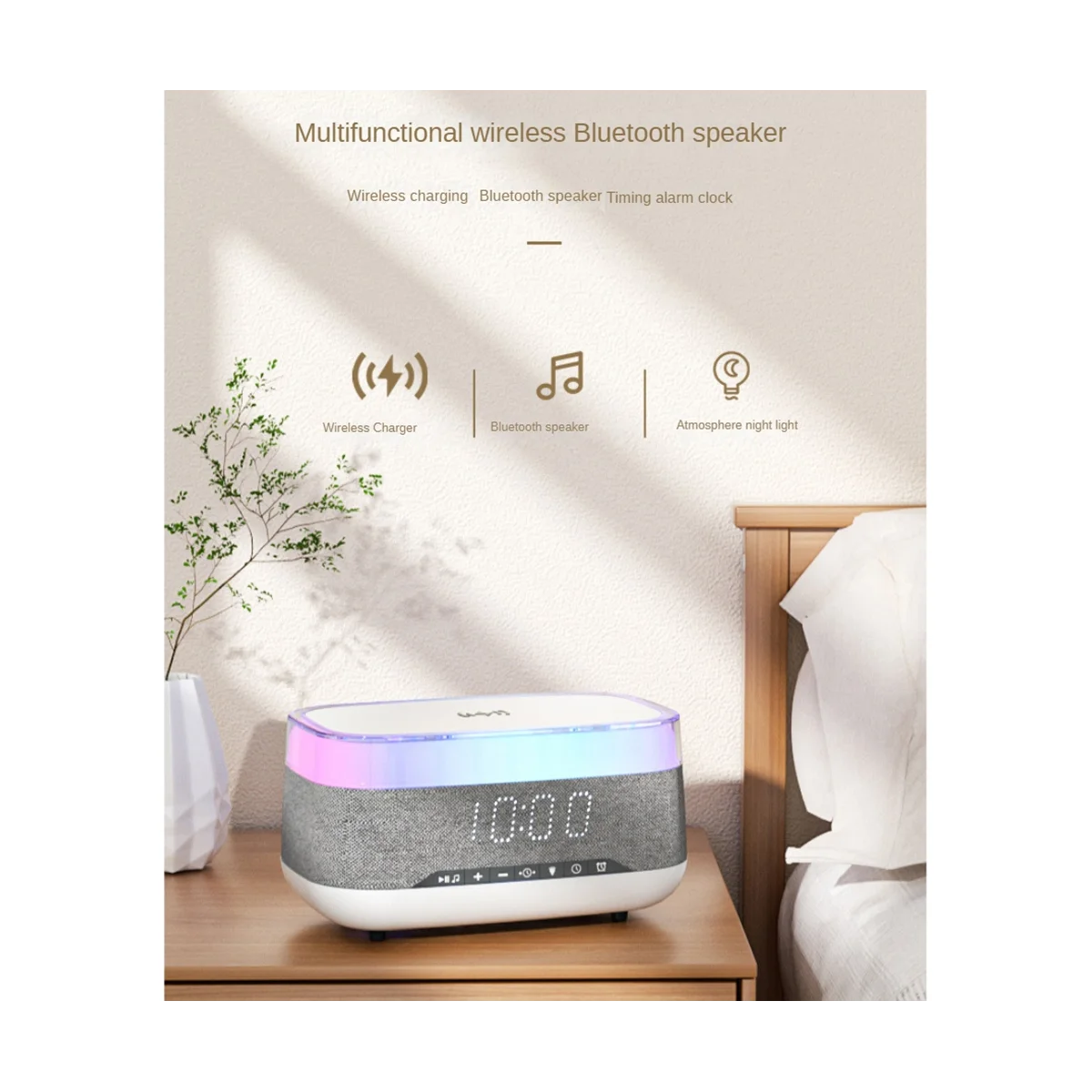 US Plug, Bluetooth Speaker with Wireless Charging Alarm Clock, Bedside Lamp Wireless Charger Station Snooze Night Light