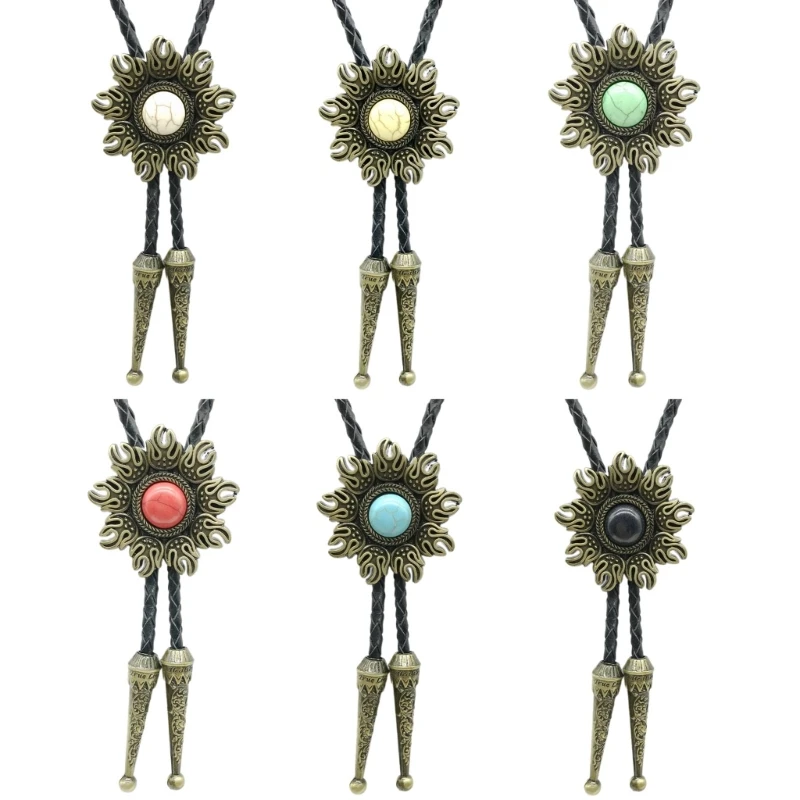 Western Bolo Tie Neckties Necklace with Sun Stone Jewelry Cowboy Pendant Dropshipping