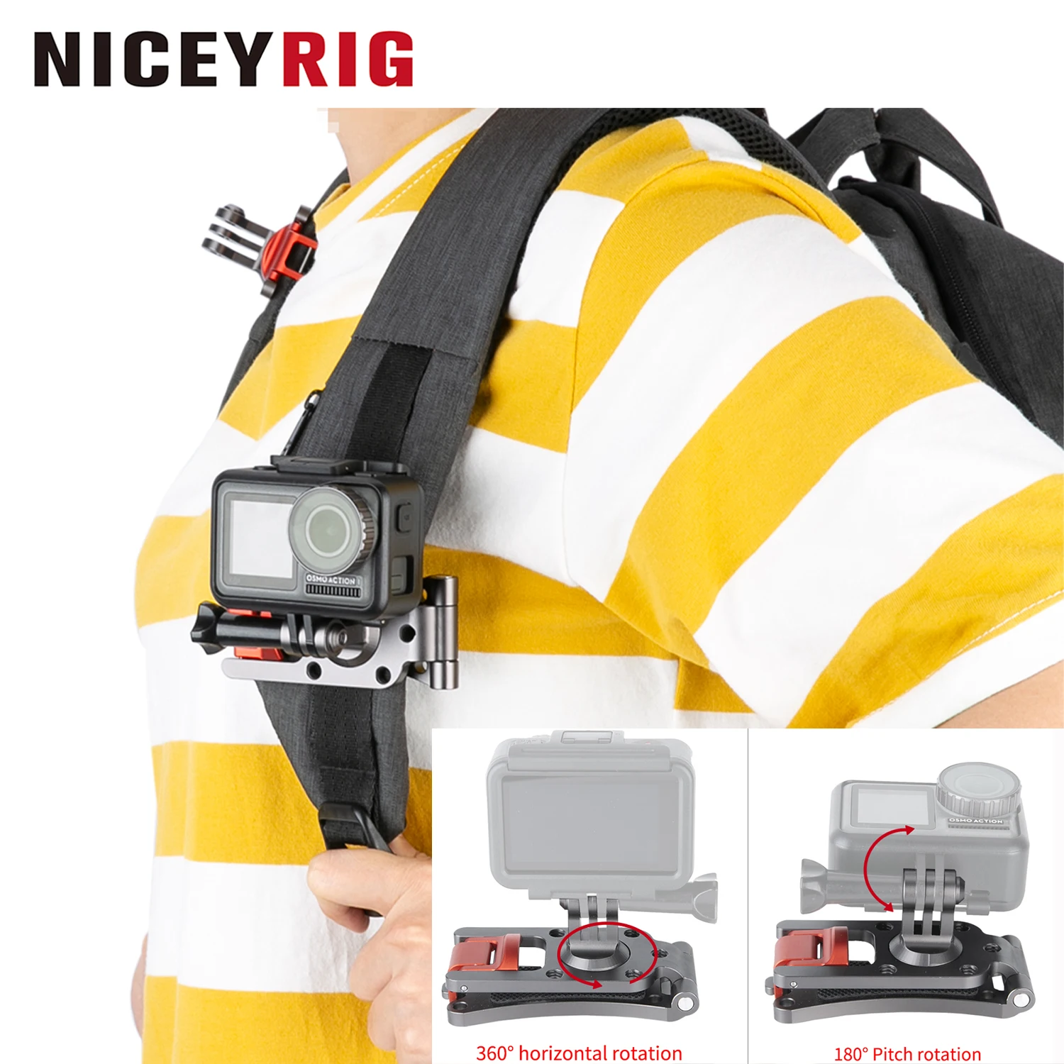 NICEYRIG Backpack Mount Clamp for GoPro Hero 11/10/9/8/7/6 DJI Osmo Action 4, Universal Metal Backpack Strap Mounting Clip