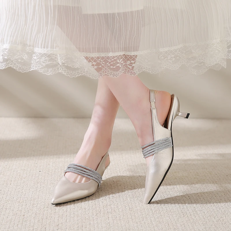 2025 Summer Pointed Toe Stiletto Shallow Mouth Women's High Heels Fashion Solid Color One-Line Buckle Ladies Baotou Sandals