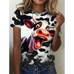 Happy Cow Pattern T-Shirt For Women Funny Animal 3D Printed T Shirts Summer Fashion Tees Short Sleeves Crew Neck Tops Streetwear