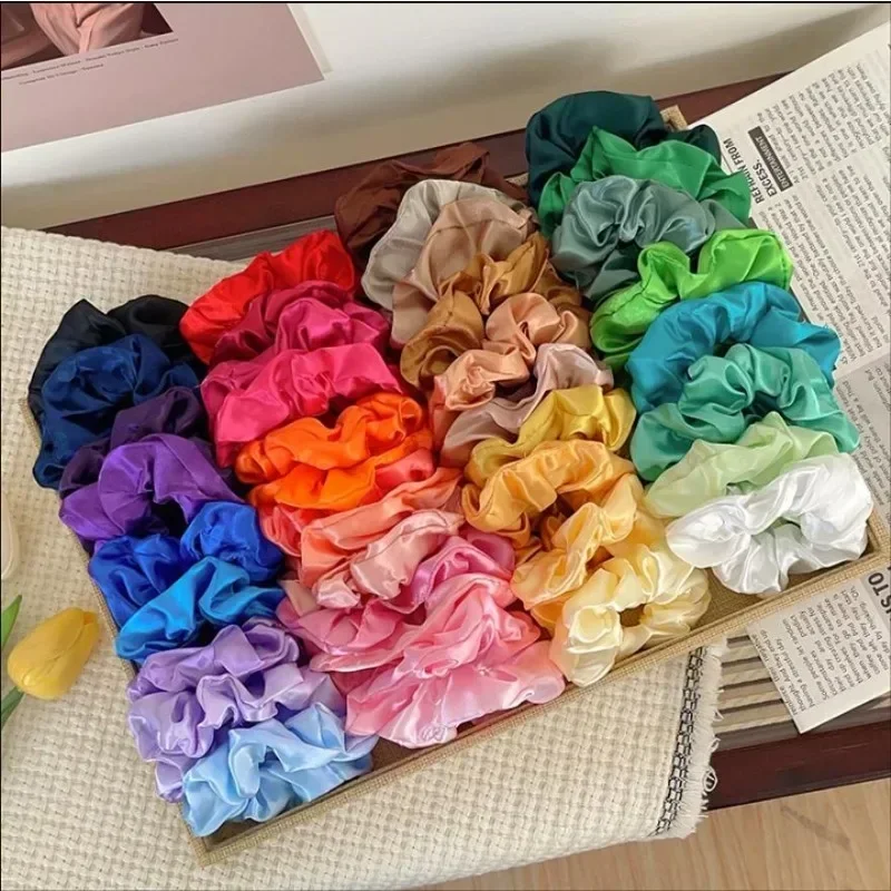 1PCS Vintage Silk Hair Scrunchies Elastic Hair Bands Solid Color Women Girls Headwear Ponytail Ties Rope Hair Accessories