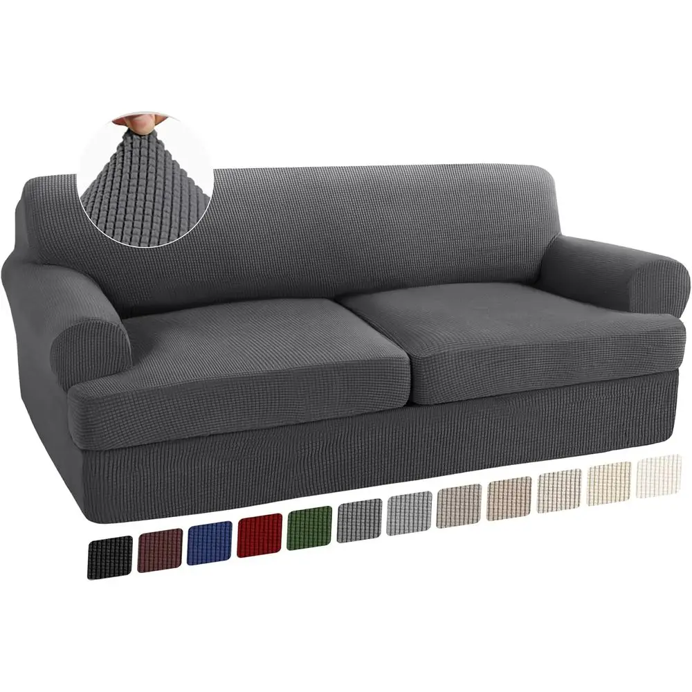 Gray 3-Piece Stretch Sofa Slipcover Set with T-Cushion Covers, Machine Washable for 2-Cushion Sofa