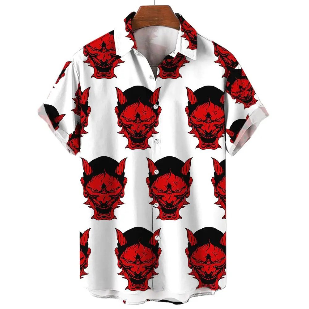 Devil Pattern Men\'s Shirts Oversized Shirt  Loose Causal Double Patchwork Red Imp Party Festival Camisas Original