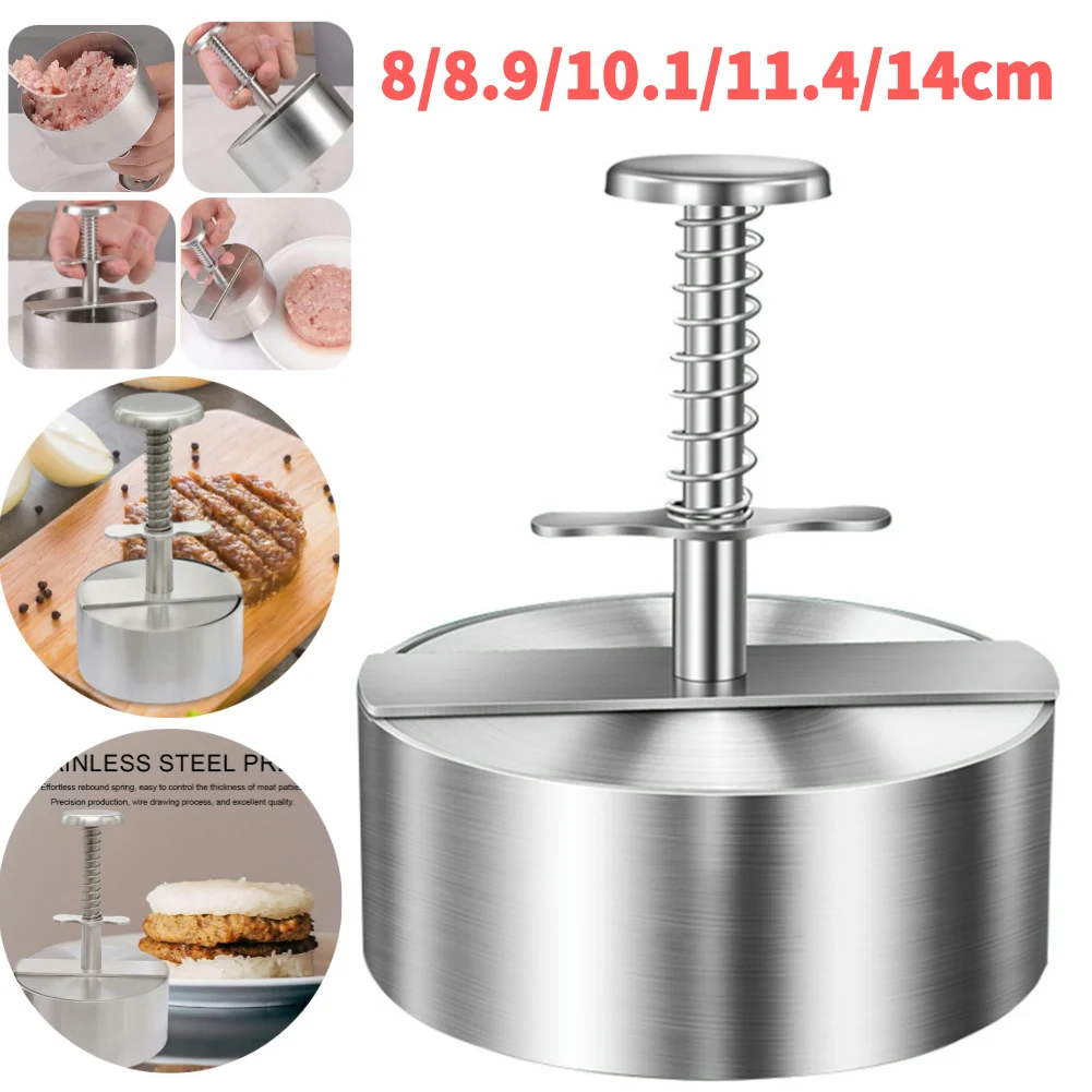 Round Manual Hamburger Patty Maker Press with Spring Button Stainless Steel Rice Pork Beef Ball Mold for Beef Meat BBQ Barbecue