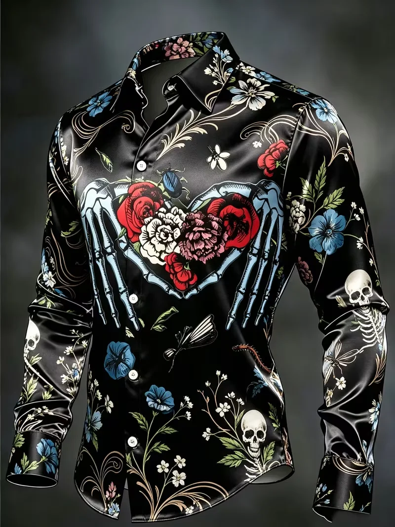 New Gilded Double Layer Wave Streamline Curve Printed Long Sleeve Shirt Smooth Satin Collar Men's Top