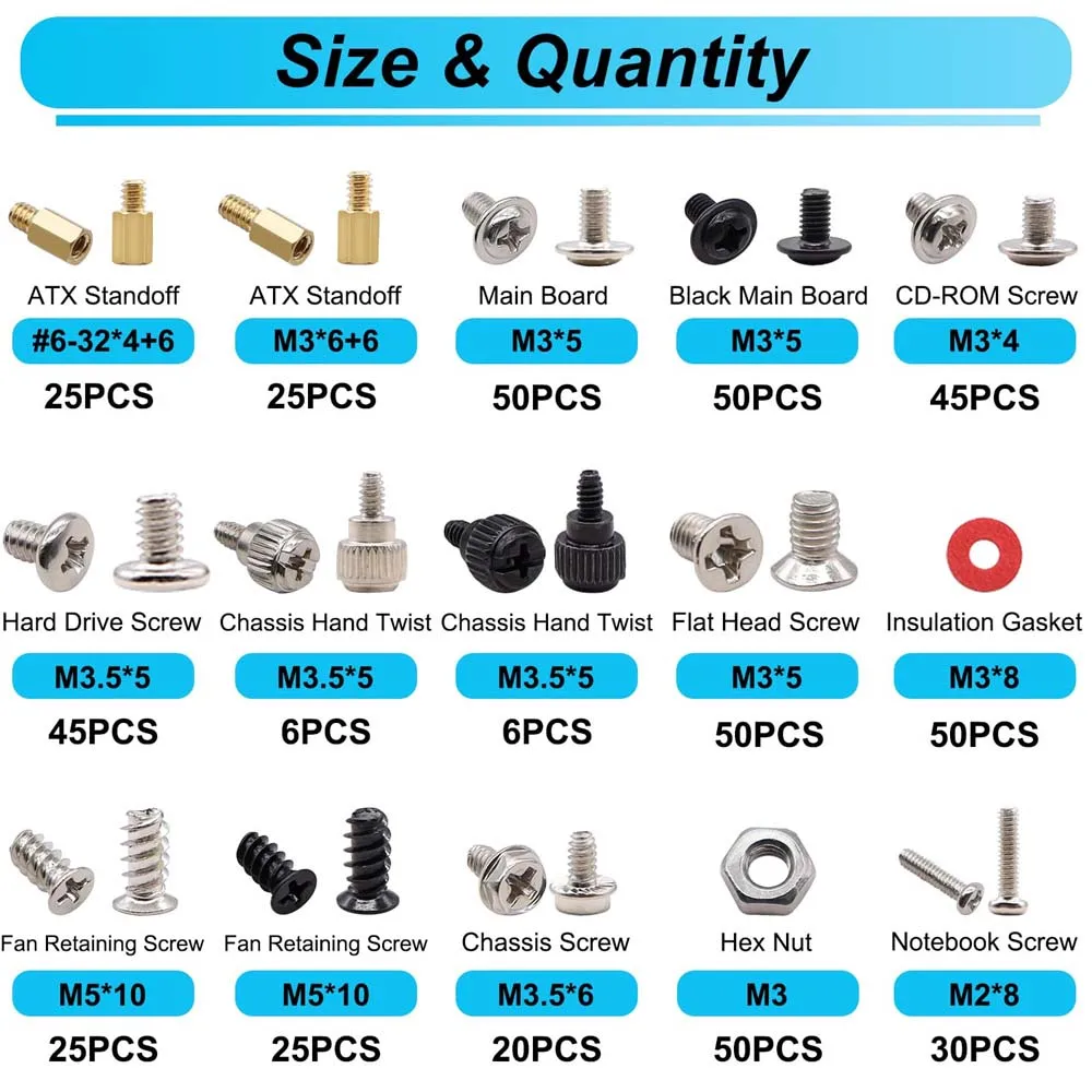 502PCS Computer Screws Assortment Kit, Motherboard Standoffs Screws for PC Fan, PC Case, HDD Hard Drive, ATX Case, Laptop, SSD