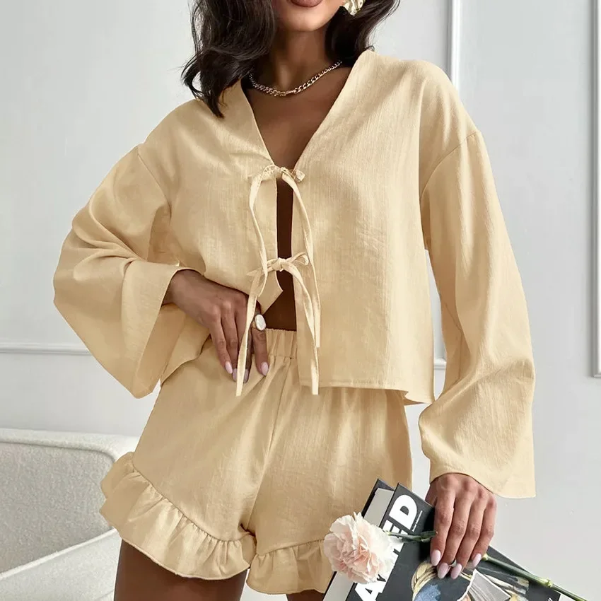 New 100% Cotton Long-sleeved Lace-up Top + Flounce Shorts Pajamas Two-piece Set, Women\'s Comfortable Skin-friendly Home Wear