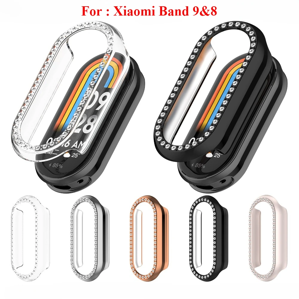 Bling Diamond Case For Xiaomi Band 9/8  Samrt Watch Strap Hollow Cover Protector PC Shell Bumper Protective Cover for woman