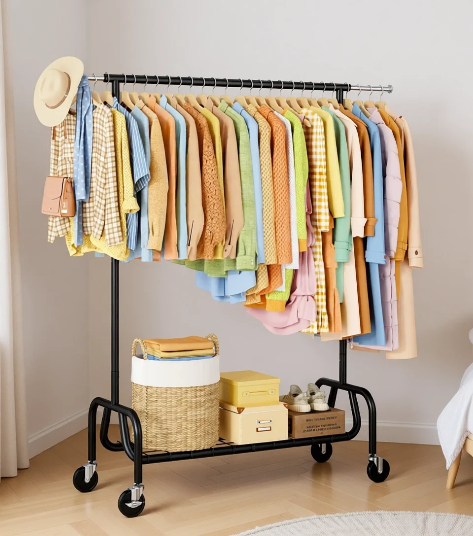 Heavy Duty Rolling Clothes Rack with Shelf Mobile Metal Garment Rack Black