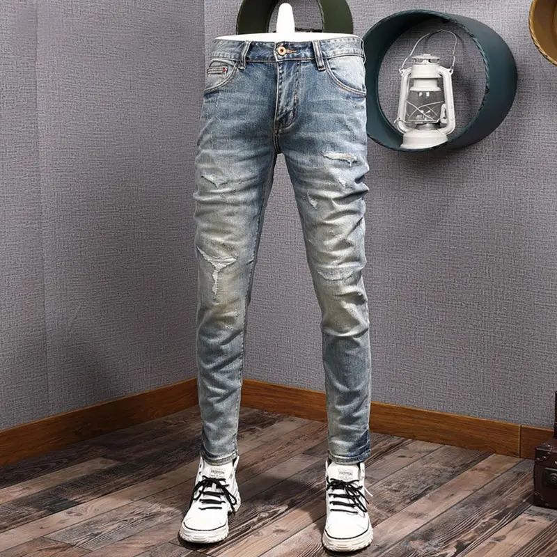 Newly Designer Fashion Men Jeans Retro Washed Blue Elastic Slim Fit Ripped Jeans Men Trousers Painted Vintage Denim Pants Hombre