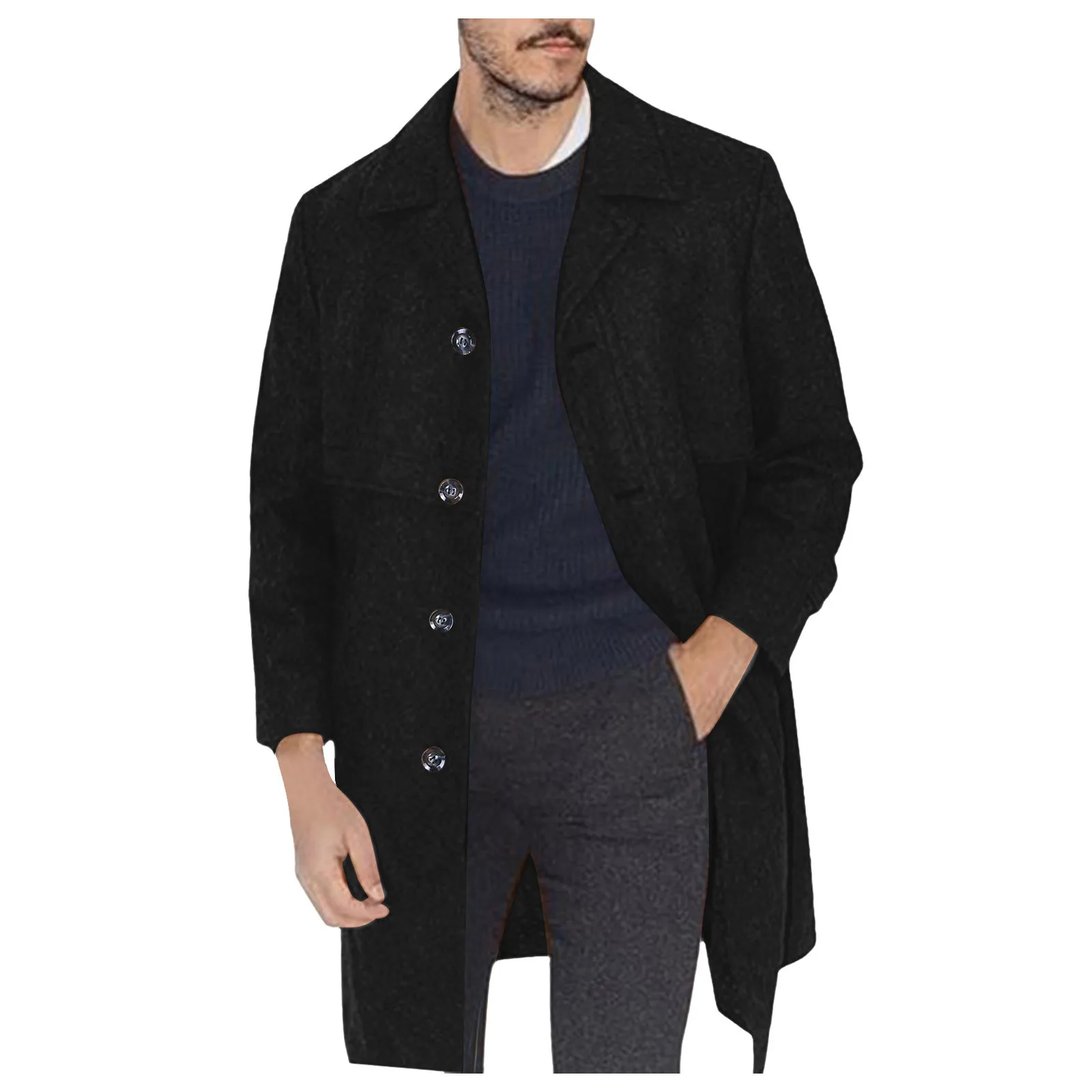 Men'S Fashion Trench Coat Winter Casual Gentleman Simple Long Sleeve Woolen Jackets Hundred Matching For Men Big Size Overcoat