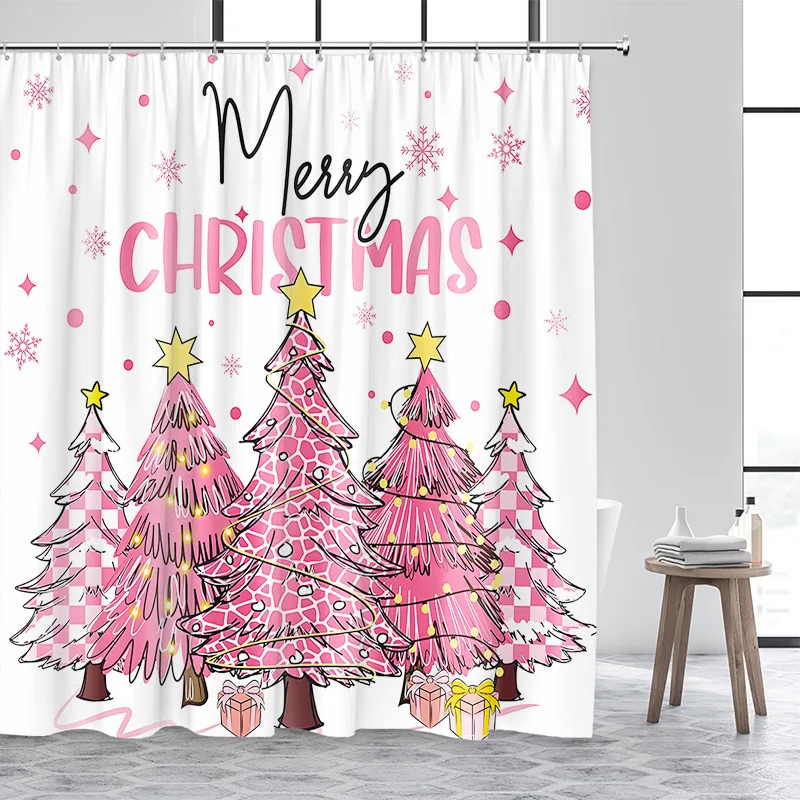 

Pink Christmas Trees Shower Curtains Snowflake Gift New Year Xmas Home Bathroom Decoration Fabric Bath Curtain Set With Hooks