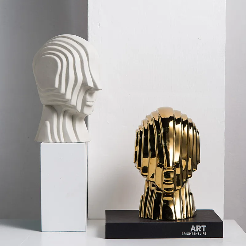 Abstract figure sculpture Ceramic geometric fringe Golden man alien decorative figurines home decoration accessories