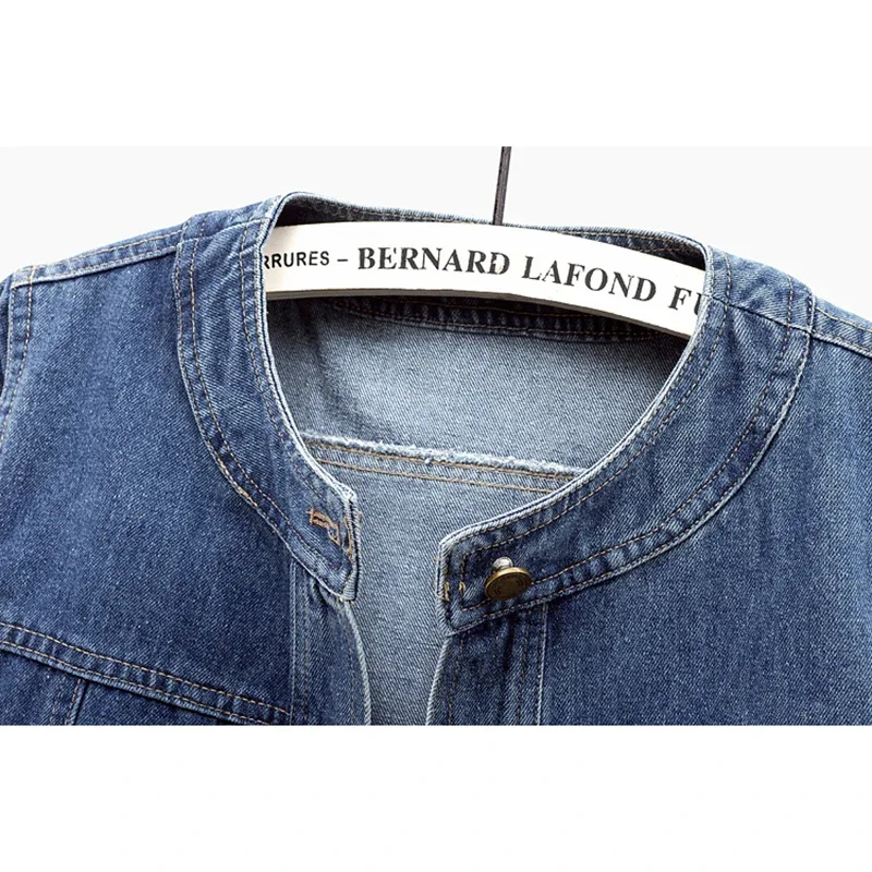 

Spring Autumn Women Dark Blue O Neck Big Pocket Denim Jacket Slim Short Student Cowboy Outerwear Long Sleeve Jeans Jacket Female