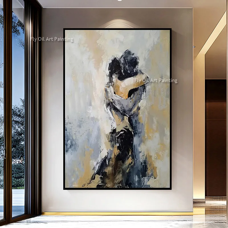 Large Vertical Textured Oil Painting Handmade Abstract Embracing Couple Artwork Romantic Figure Canvas Painting for Wall Decor