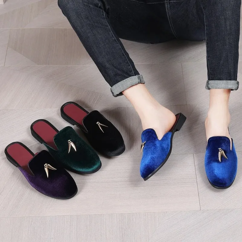 Mens Mules Shoes for Men Flock Slippers Man Summer Shoes Formal Loafers Metallic Decoration Fashion Mules Shoes for Men
