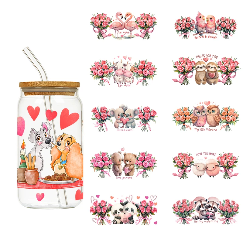 LETOP 1 pz animali di san valentino In amore 16oz Uv Dtf Cup Wraps animali cadono In amore decalcomania adesivi per bicchieri di vetro