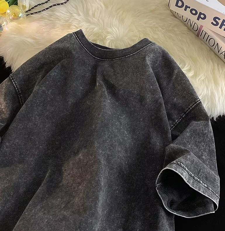 Hochwertiges Oversize-Herren-Sommer-T-Shirt aus Baumwolle, Vintage-Waschung, Kurzarm, Locker Geschnitten, Streetwear, Kurzarm-Oberteil – Detail 4