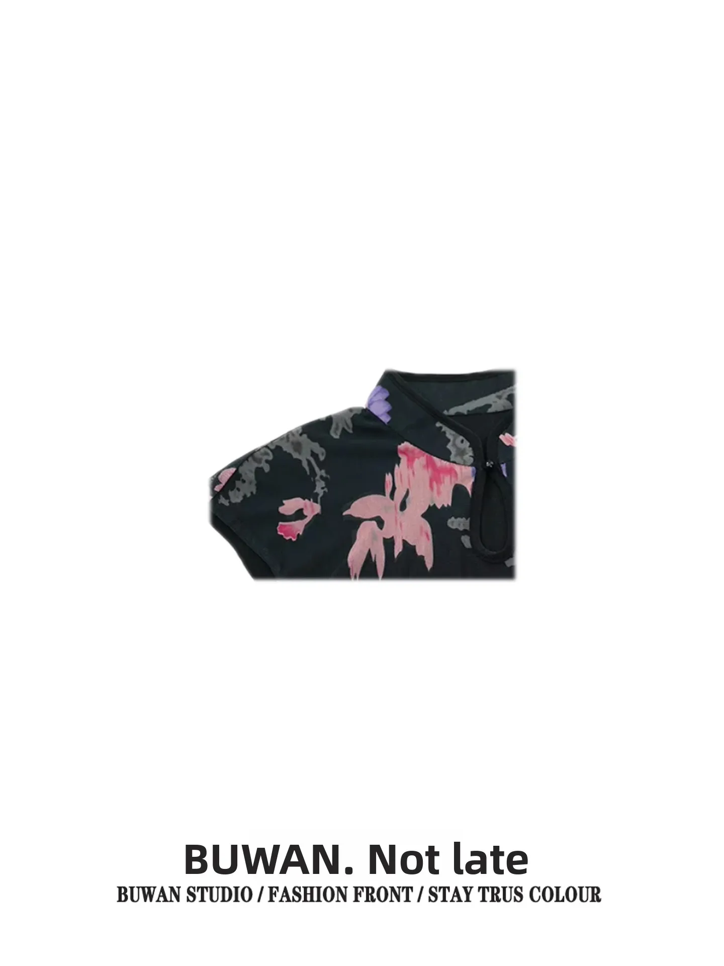 New Chinese Style Short Sleeve Stand Collar Top Women's Black Bottom Retro Peach Blossom Print Flag Dress Vest Straight Cut
