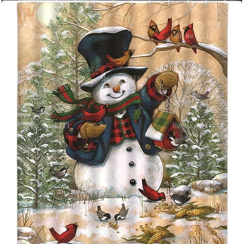 

Happy Thanksgiving Day Merry Christmas Shower Curtain Harvest Turkey With Pumpkins Maple Leaves Snowman Cardinals Holiday Decor