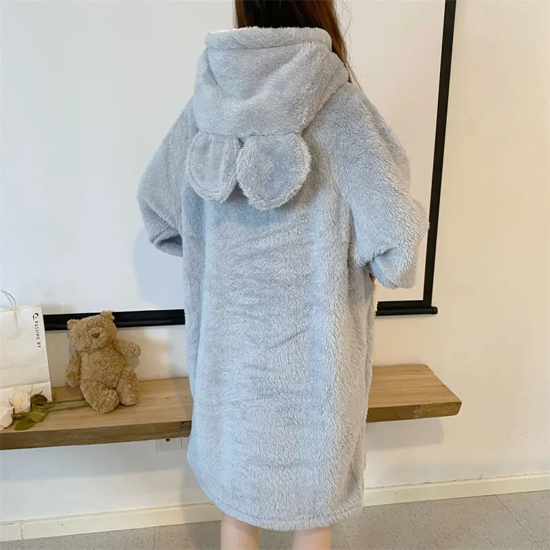 Hooded Robe for Women Sleepwear Nightdress Winter Warm Fleece Pajama One Piece Nightgown Night Wears Pocket Long Sleeve Homewear